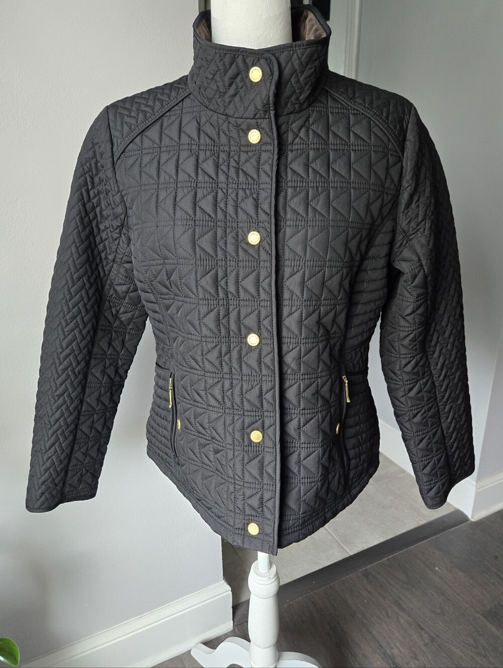Weatherproof Women's Black Diamond Quilted Jacket with Brown Faux Fur- Size PM